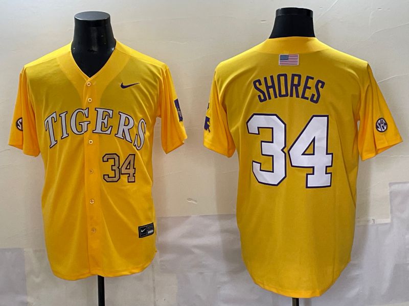 Men 2025 LSU Tigers #34 Shores Yellow Nike Joint Name Nike NCAA Jersey style 3